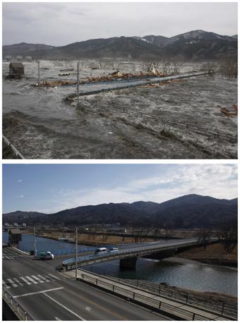 A combination photograph shows the same location on two different dates in Miyako, Iwate Prefecture, northeastern Japan