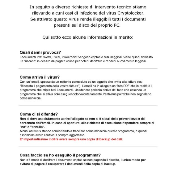 Avviso importante sulla diffusione del virus Cryptolocker